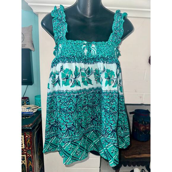 M.A.B.E. UK $146 STEVIE BLOCK PRINT RUFFLE BOHO HIPPIE TOP MADE IN INDIA  L - Picture 2 of 7